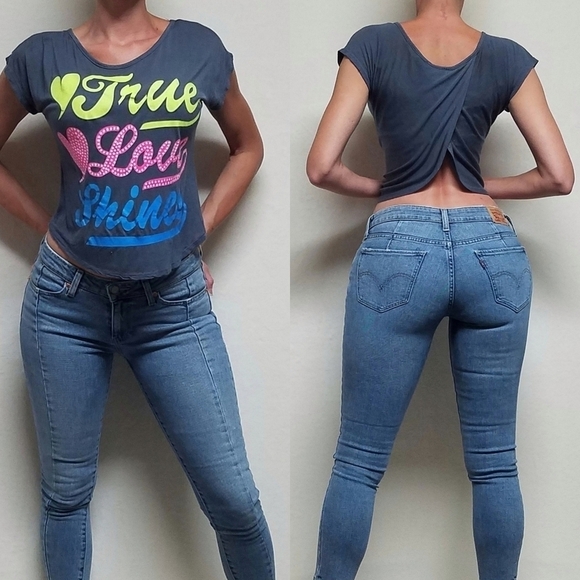 VINTAGE Retro Y2K Self Esteem Love Rules Blue Striped Strappy Back Cropped Tee - Picture 11 of 11